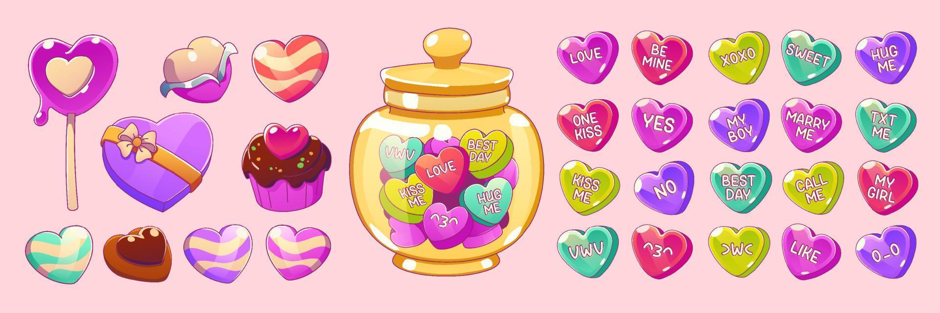 Valentine day heart candies, conversation sweets vector
