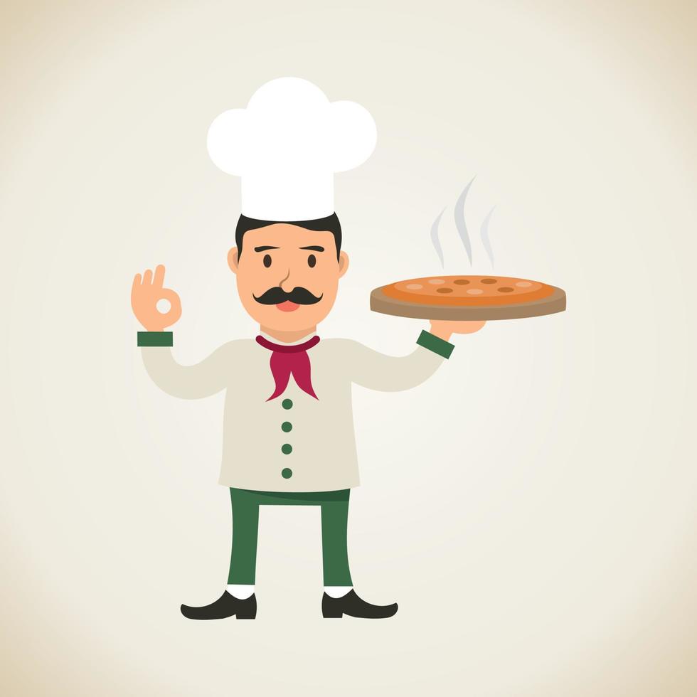 Italian chef with pizza. Vector illustration