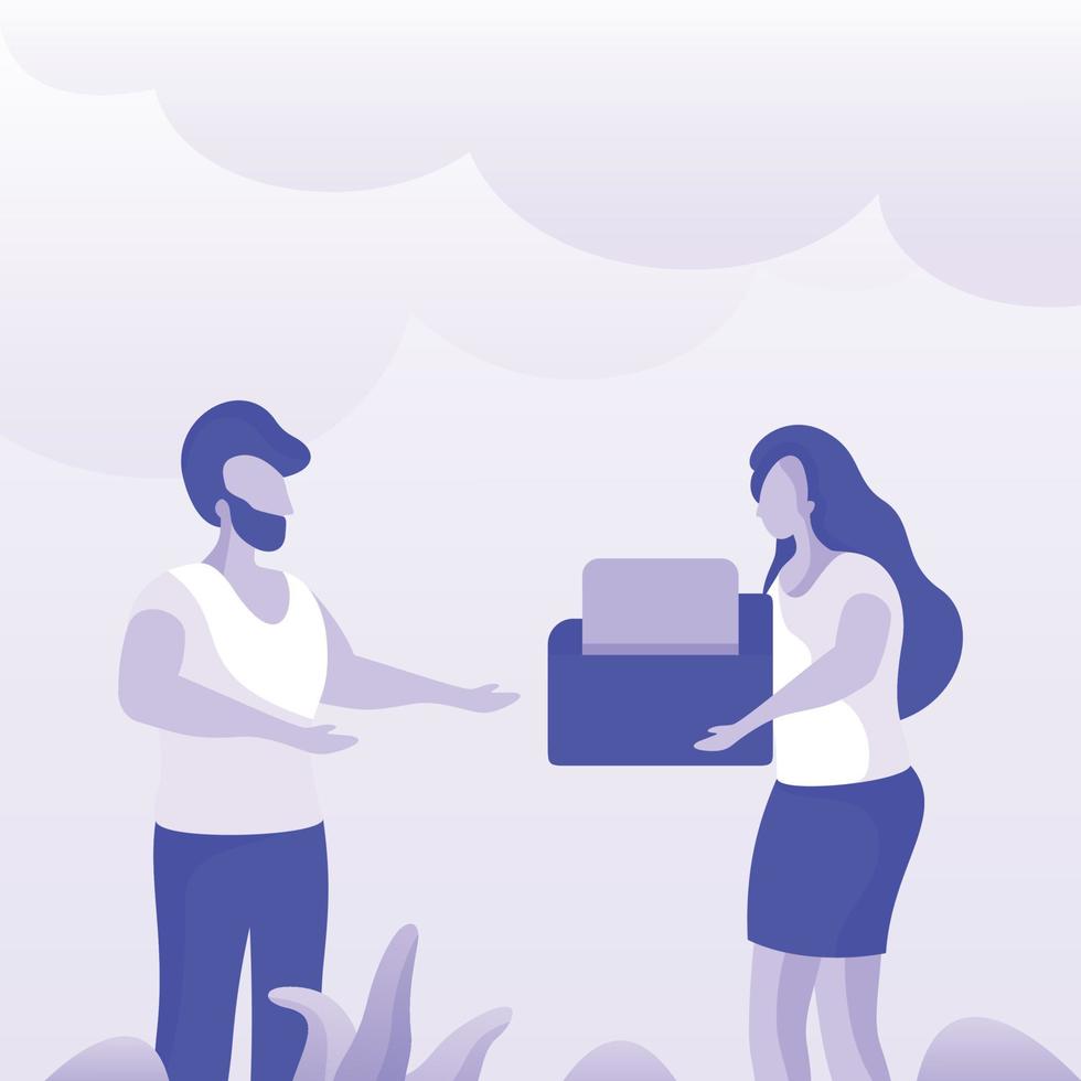 The woman passes the folder to the man. Vector illustration
