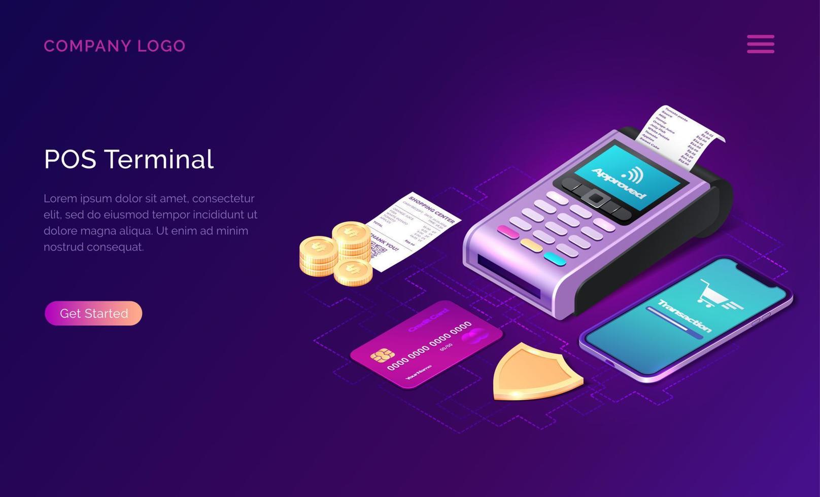 pos terminal seguridad, isométrica negocio concepto vector