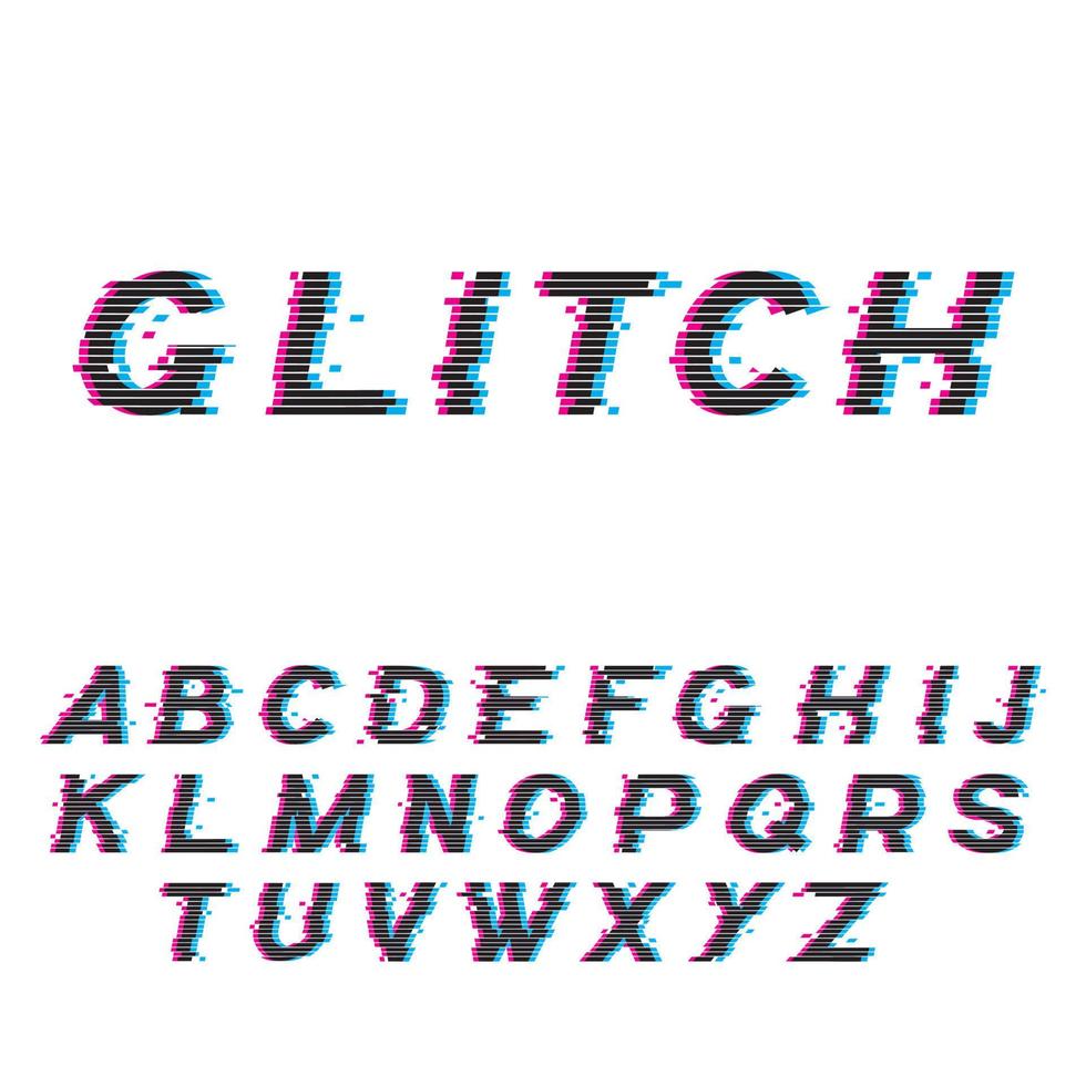 Glitch font or distorted abc, trendy latin typeset vector