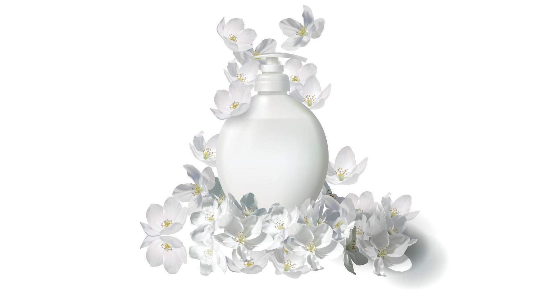 Cosmetic realistic liquid soap with jasmine flower vector