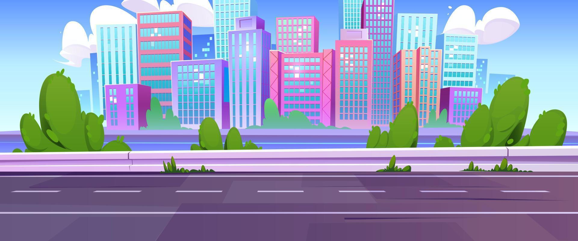 Cartoon cityscape, downtown view and empty road vector
