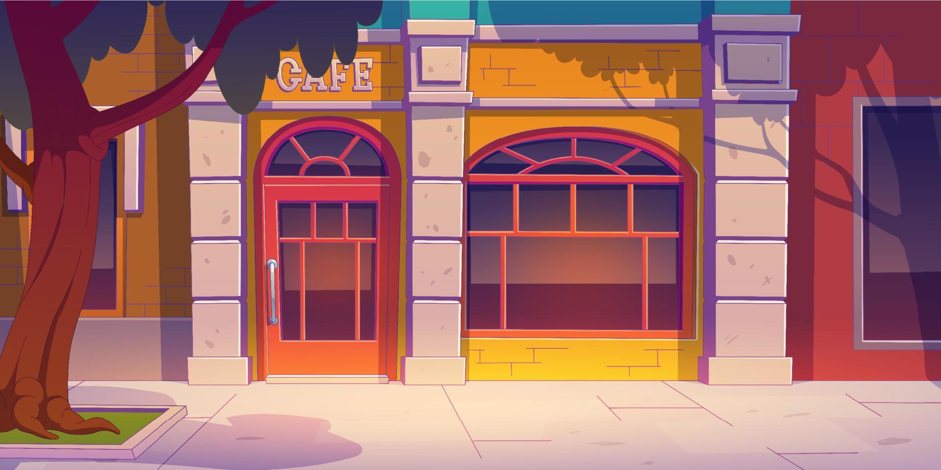 Cafe facade in city street with tree on sidewalk vector