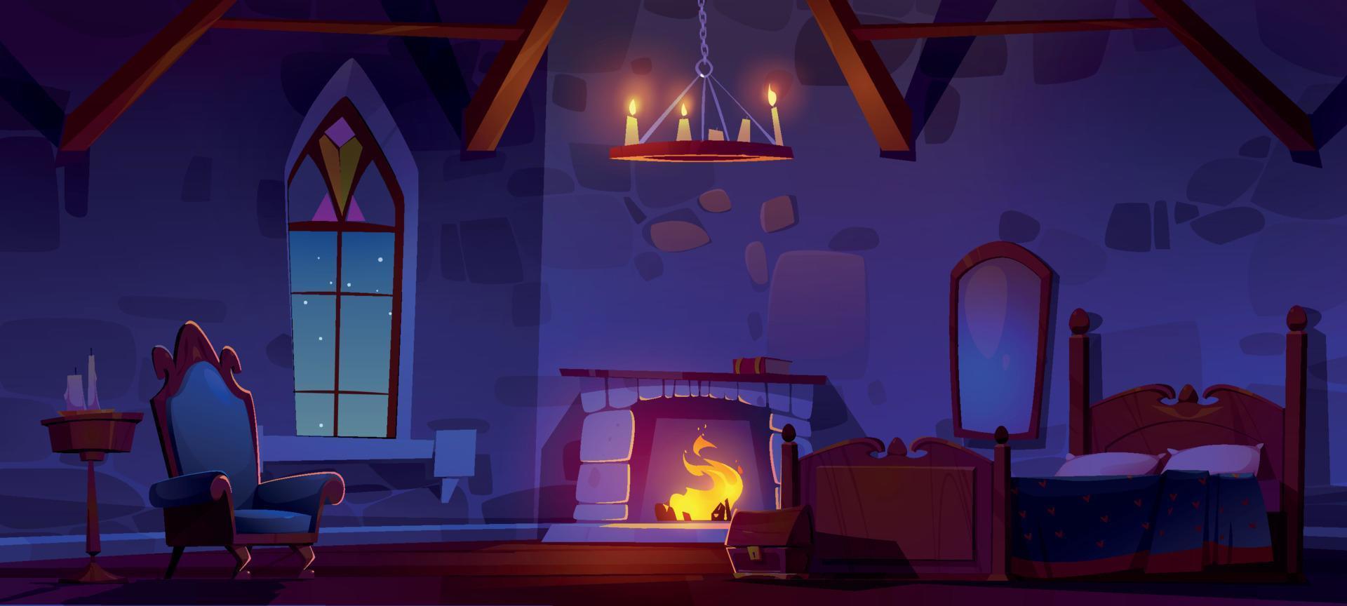 Bedroom in castle with fireplace at night vector