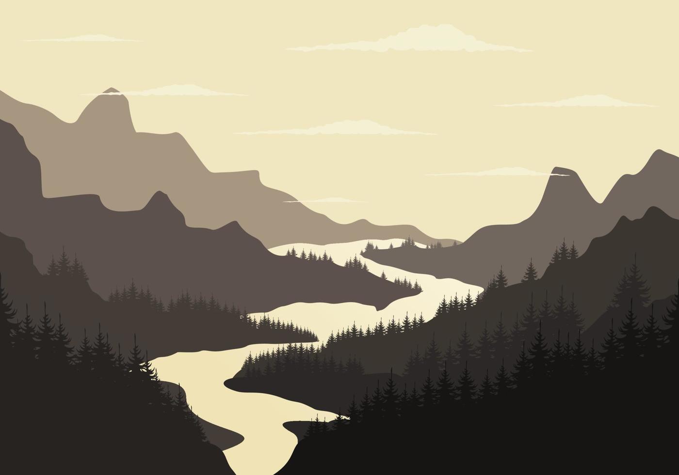 montaña río y bosque. vector ilustración