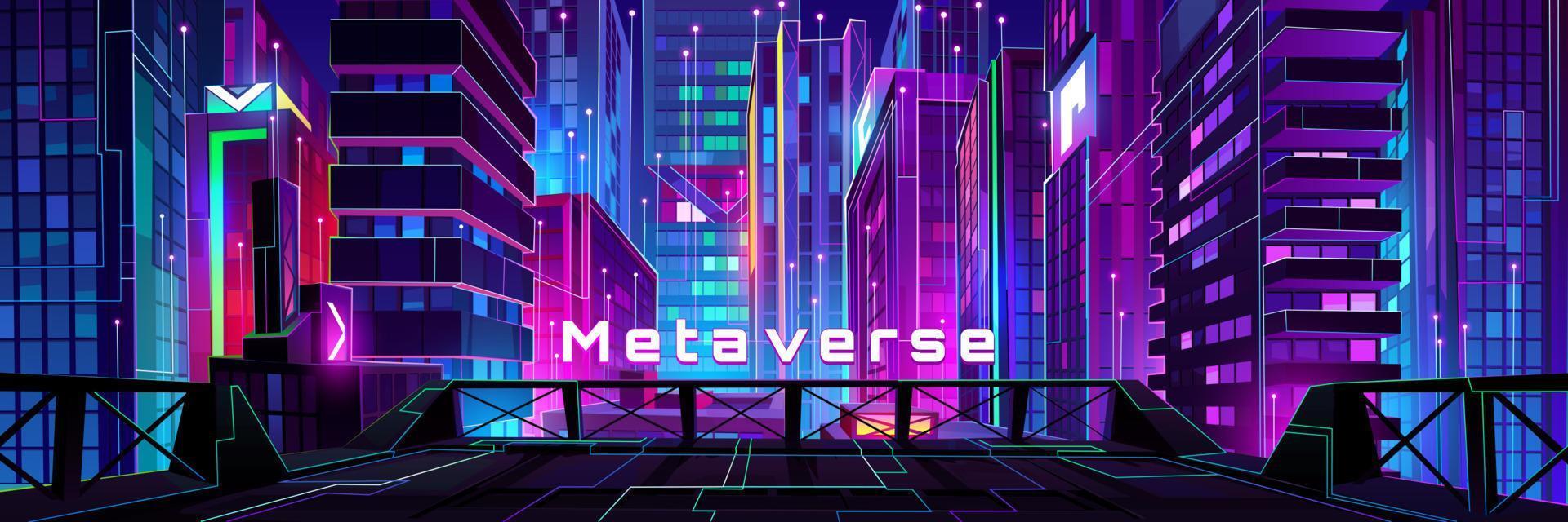 Night neon glowing city metaverse perspective view vector