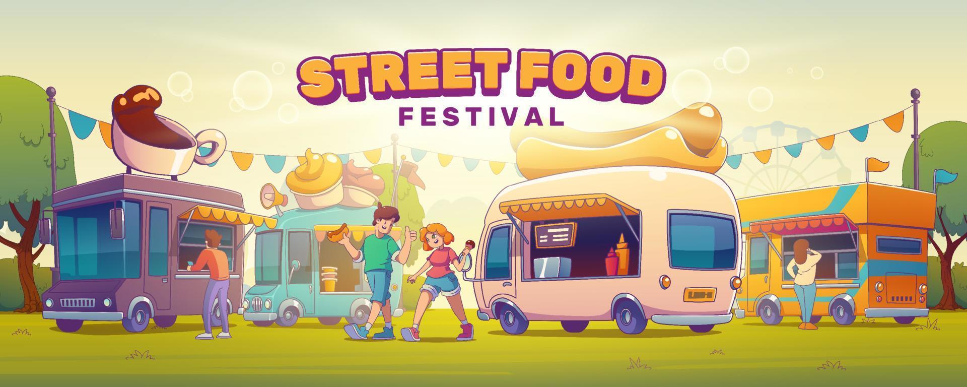 Street food festival poster with people on fair vector