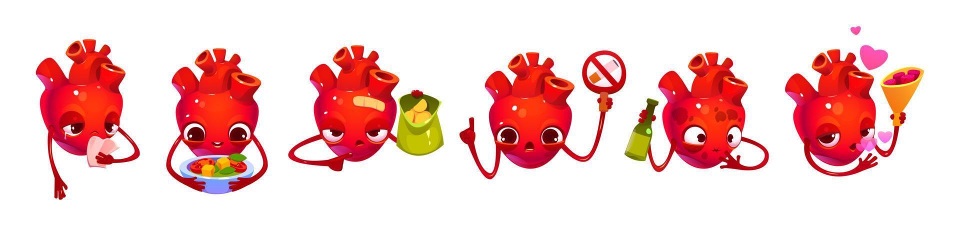 Cute heart organ cartoon character isolated set vector