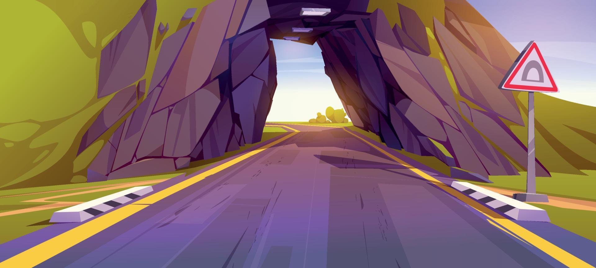 Cartoon road going through tunnel in mountain vector
