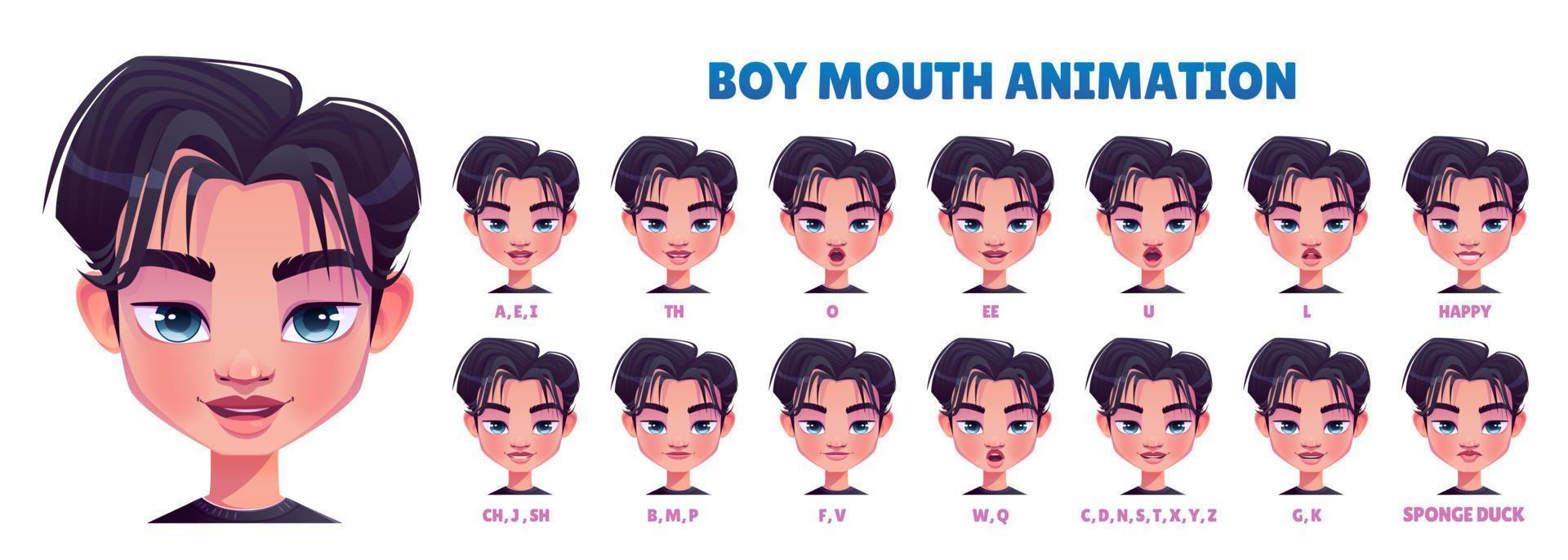 Asian boy mouth animation set isolated on white vector
