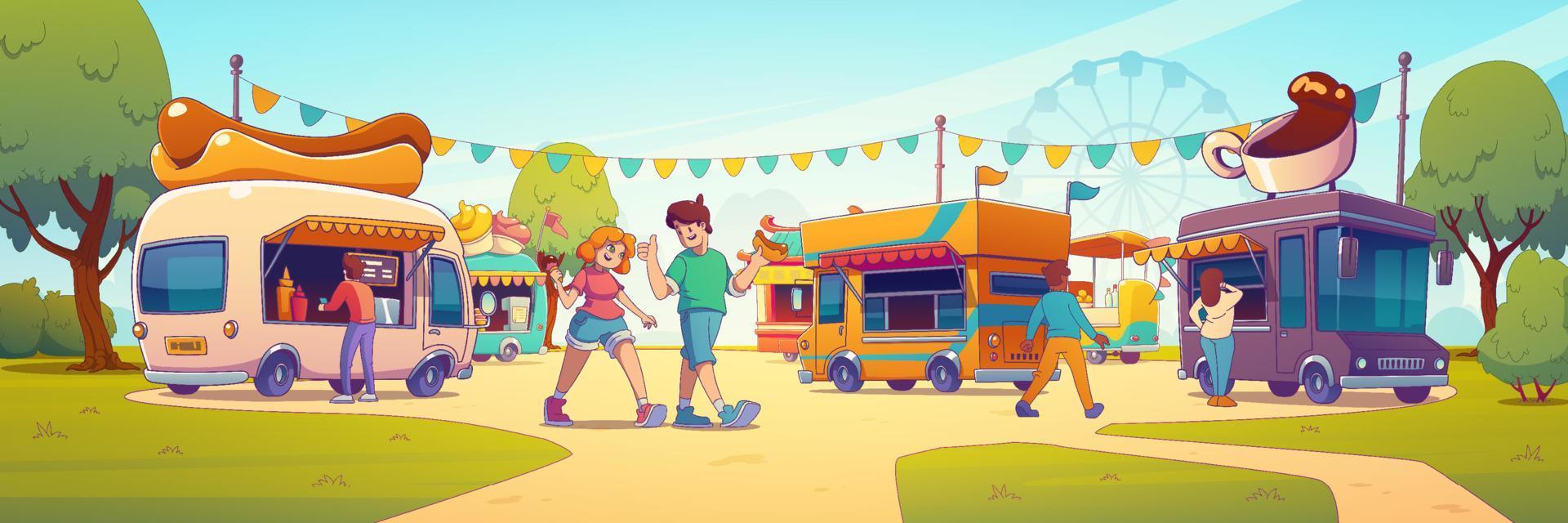 Street food market, fair in park with food trucks vector