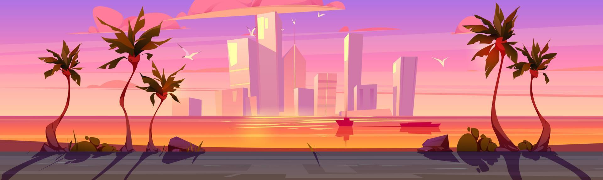 Sunset tropical background with palm and road vector