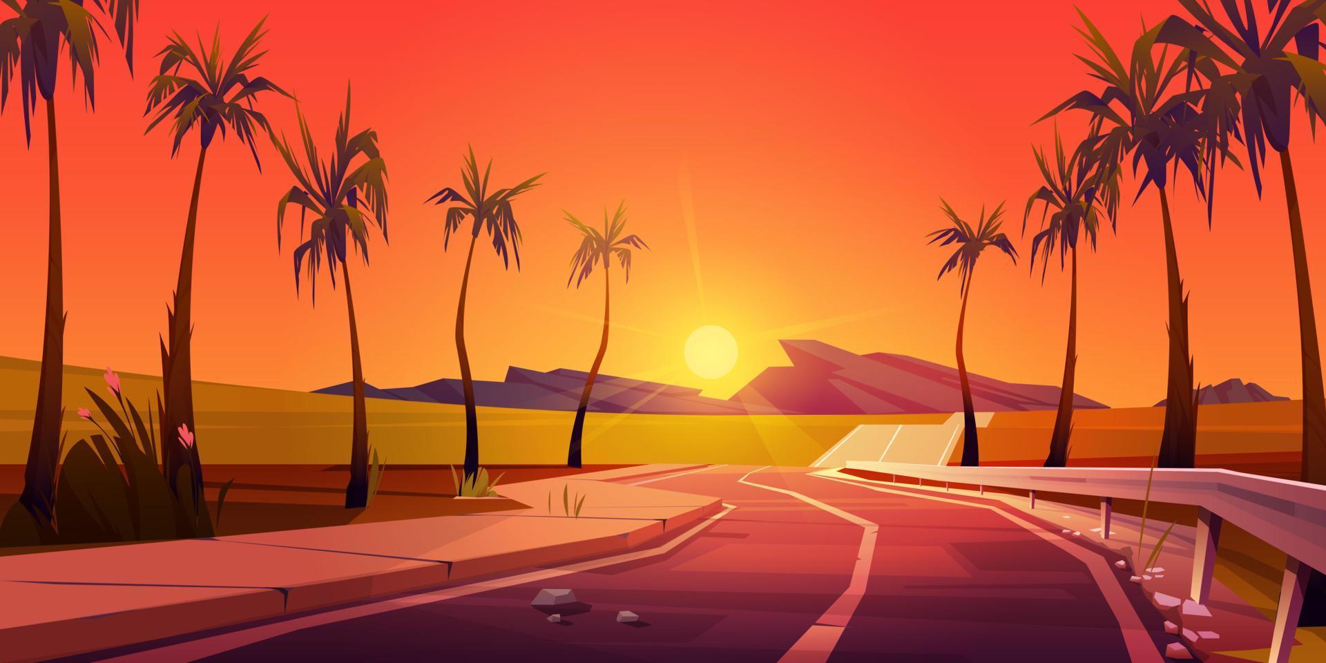 Empty asphalt road with palm trees, tropic sunset vector