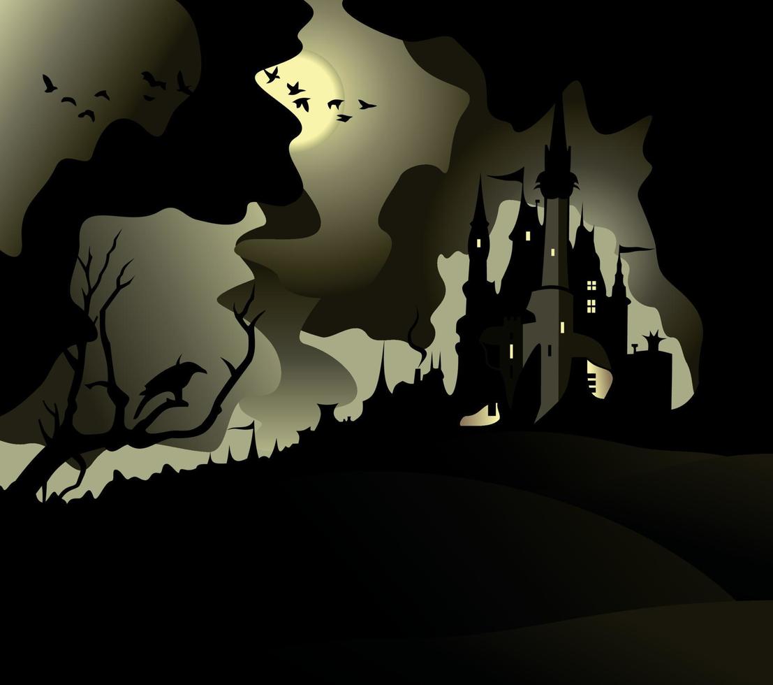 Old castle on a mountain, moon and the birds turn vector