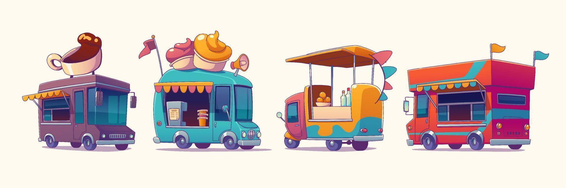 Food trucks with ice cream, coffee, drinks vector