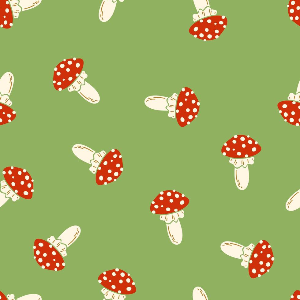 Fly agaric mushrooms vector seamless pattern. Forest children's texture.