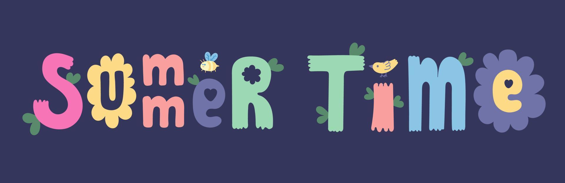 Hello Summer banner design. Season vocation, weekend, holiday poster, card, header for website. Summer Time cartoon vector Lettering text. Colorful holiday background with flowers, leaves, bird, bee