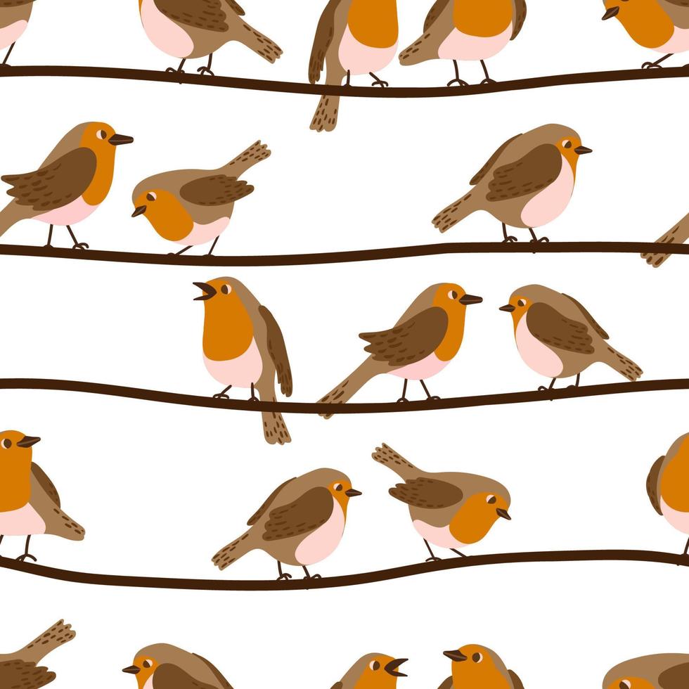 Flock of robin birds on power lines vector seamless pattern. Group of city urban birds sitting on electrical energy wires, telephone cables texture.