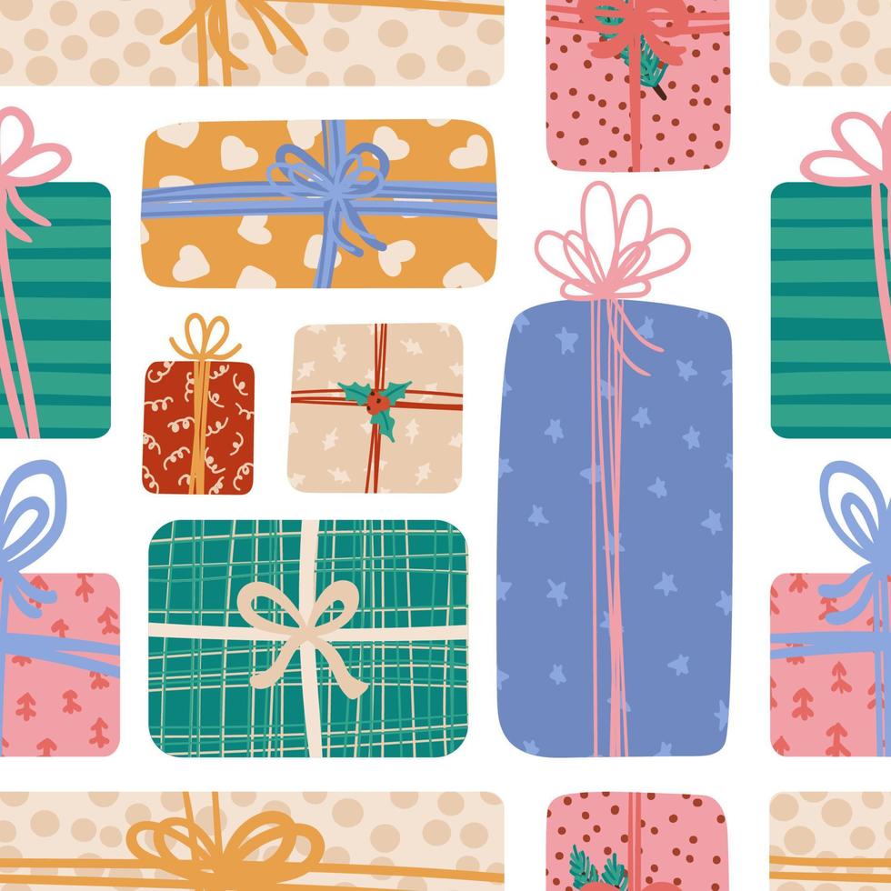 cajas de regalo con cinta y lazos de patrones sin fisuras de diferentes formas y tamaños. regalos en papel de regalo festivo para vacaciones de navidad o cumpleaños. venta, concepto de compras. textura vectorial vector