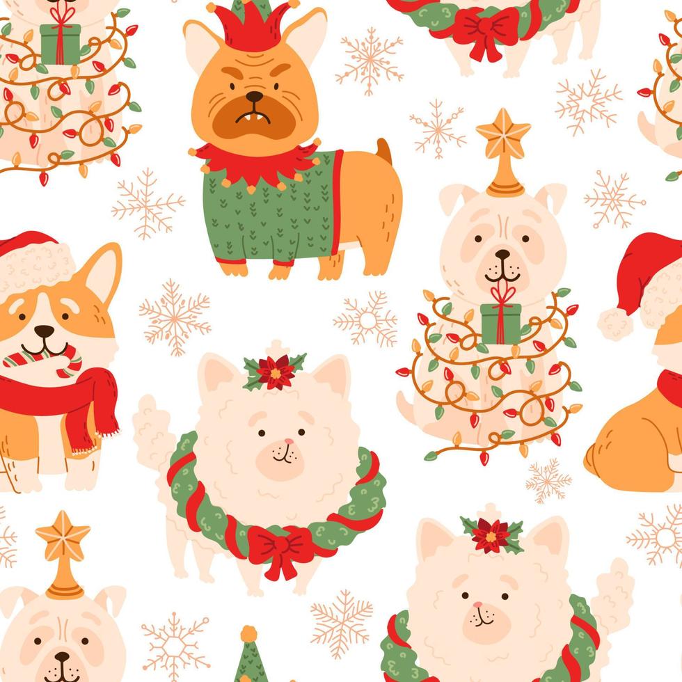 perros de navidad, regalos y copos de nieve vector de patrones sin fisuras. lindo cachorro vestido con trajes de navidad, nieve, regalos con decoraciones navideñas. invierno, textura festiva de año nuevo.