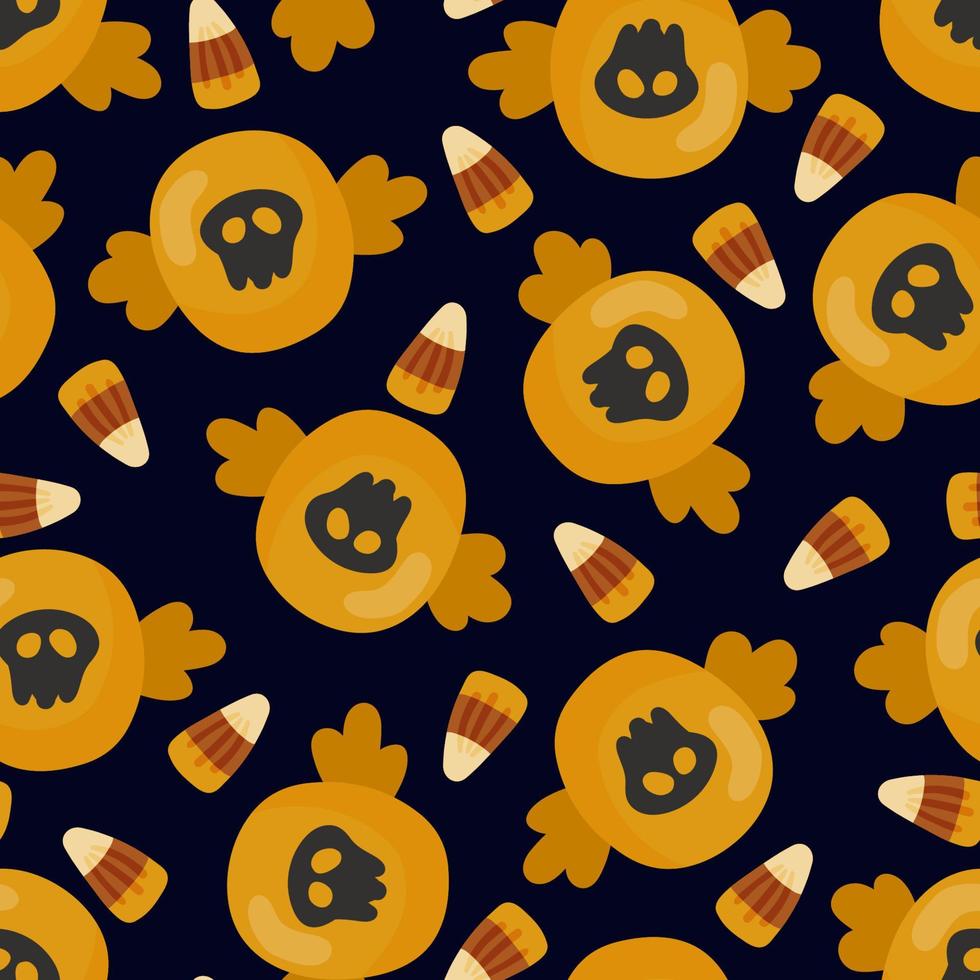 Halloween sweets, caramel and candy corn decorated with skull vector seamless pattern