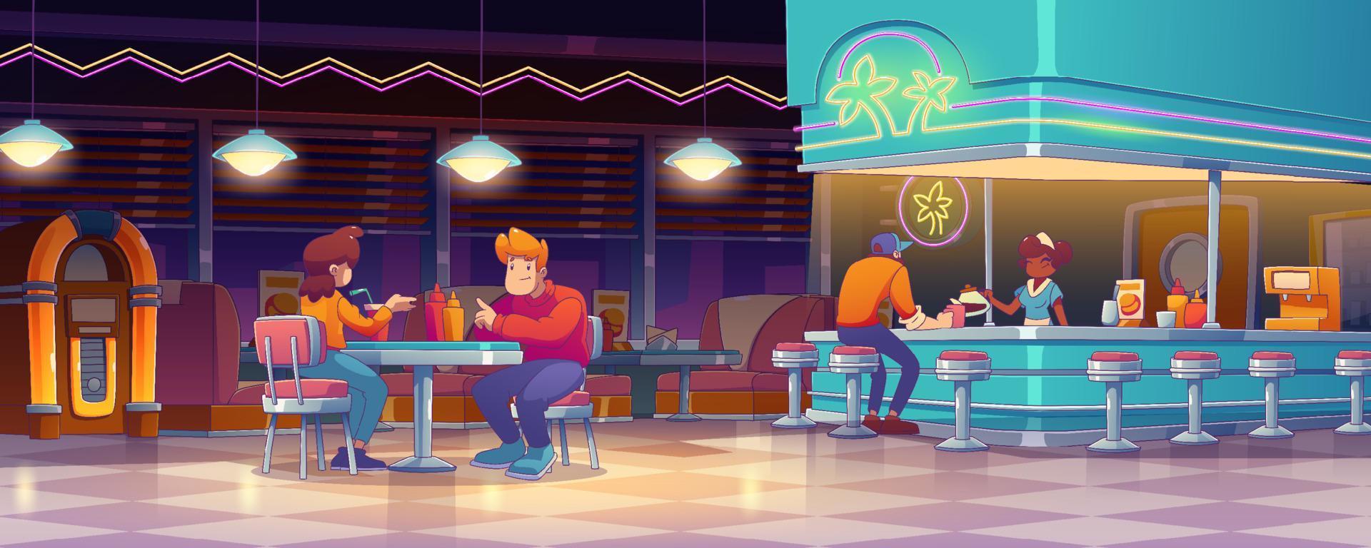 Diner, american restaurant interior with people vector