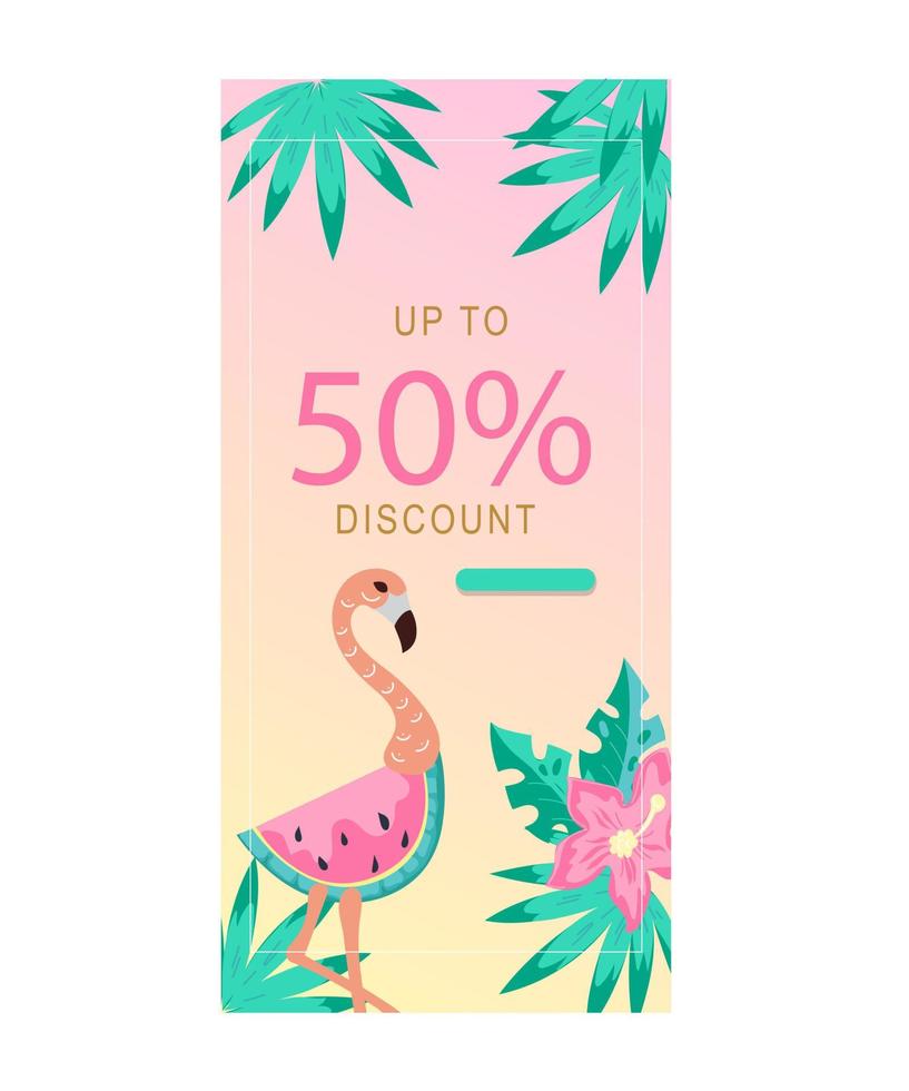 Social media stories summer sale banner with flamingo and tropical leaves. Background template for social media stories and posts, flat vector illustration.
