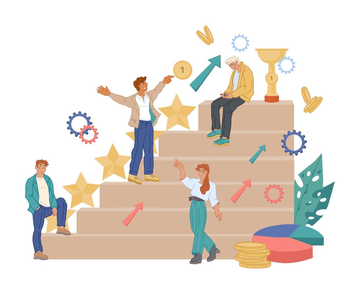 A team of business people climbs the corporate ladder. Successful career growth concept and best job rated five star grade, flat vector illustration isolated on white.