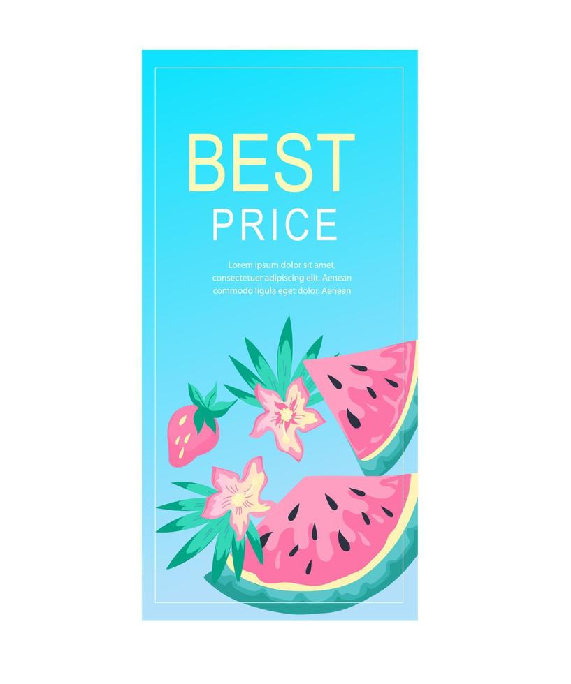 Summer sale banner background for social media stories publication with watermelon and tropical leaves. Template for social media stories and posts of summer ad, flat vector illustration.