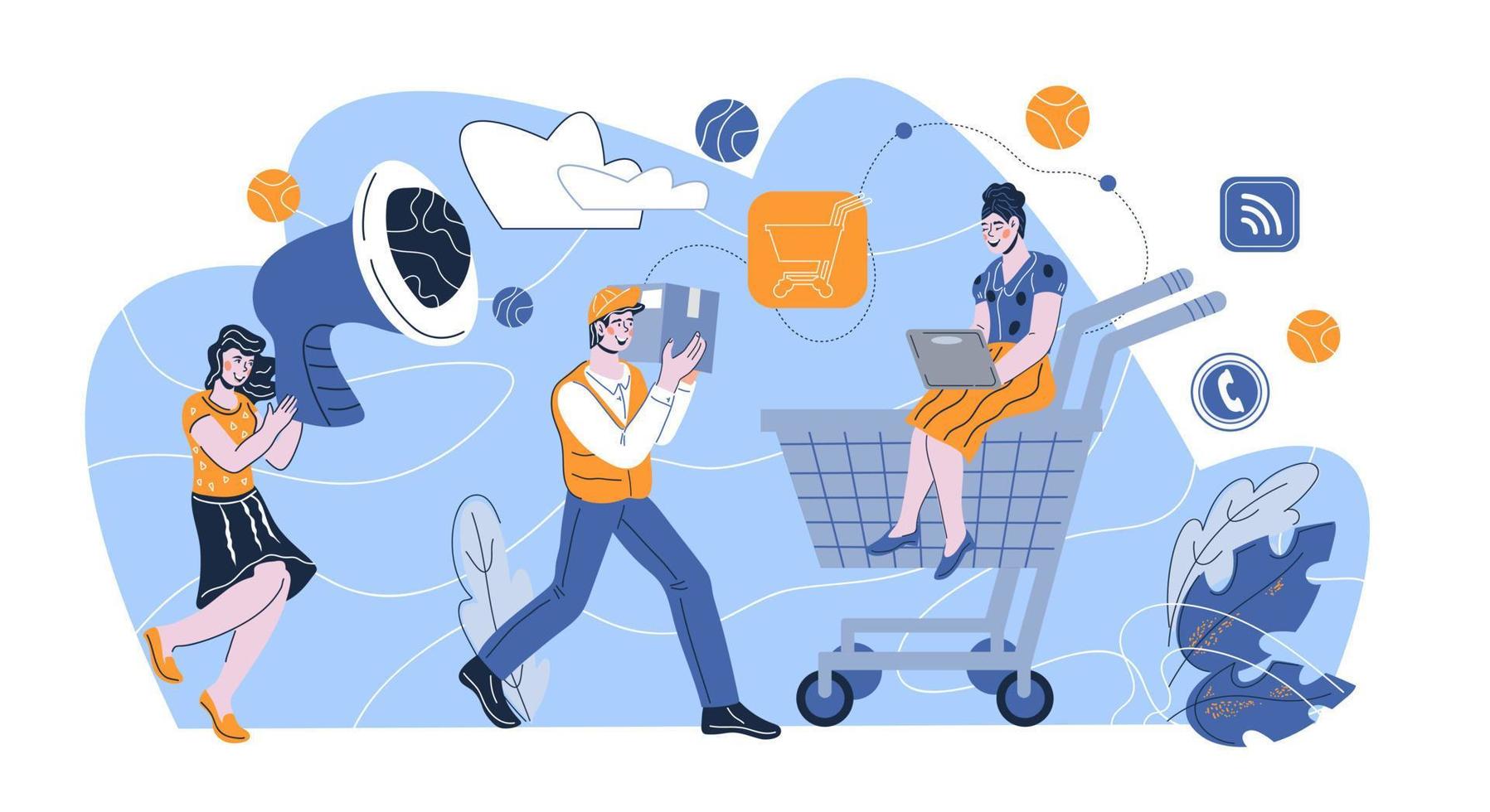 Online shopping, order and delivery in online store banner with cartoon people. Online store services for customer support, information and delivery of goods. Cartoon flat vector illustration.