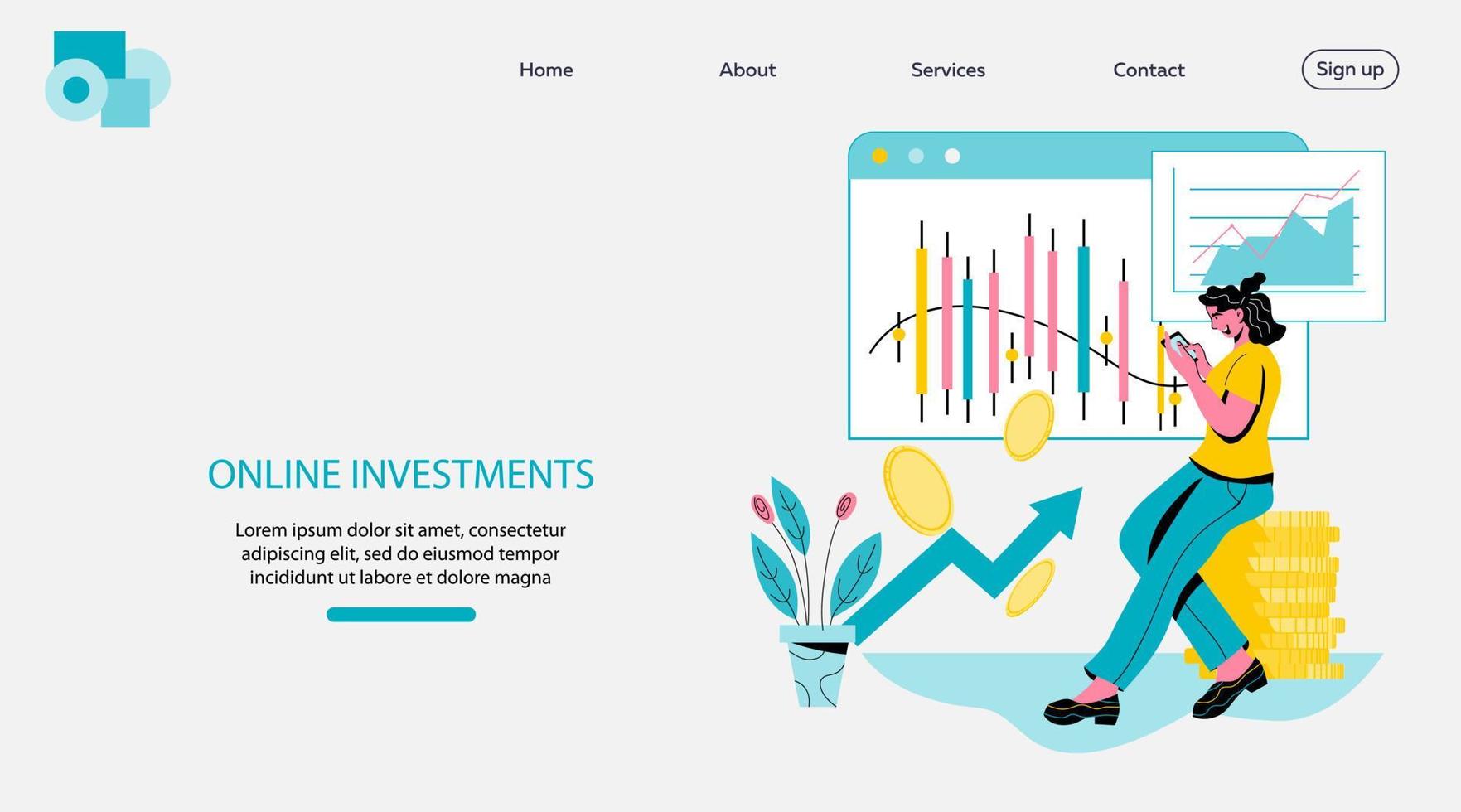 Online investments website page mockup with woman investing money in project or in stock using smartphone. Investor online service or platform, flat cartoon vector illustration.