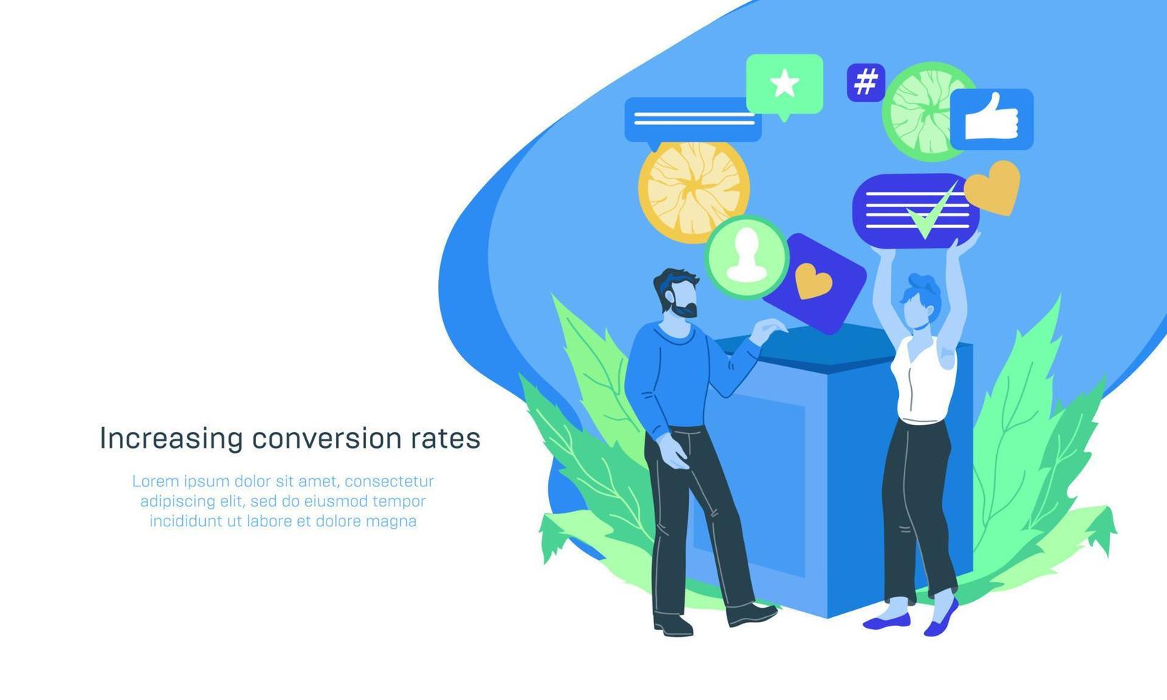 Web banner on topic of leads generation and conversion rate increasing. Web content monetization landing page mockup with business people, flat vector illustration.