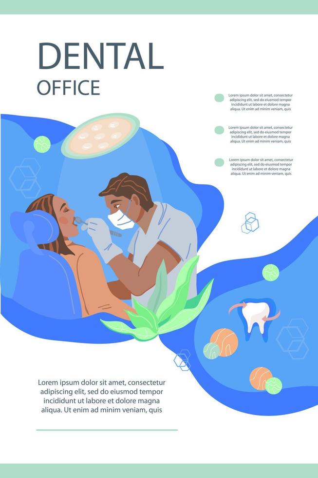 adobedental oficina volantes o folleto modelo con paciente sufre oral salud examen en odontología. dental clínica póster o bandera plano vector ilustración.