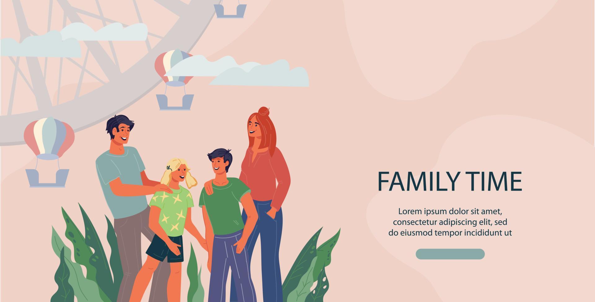 familia hora sitio web o aterrizaje página Bosquejo con contento padres y niños en diversión parque. familia articulación ocio y hora juntos concepto, plano vector ilustración.