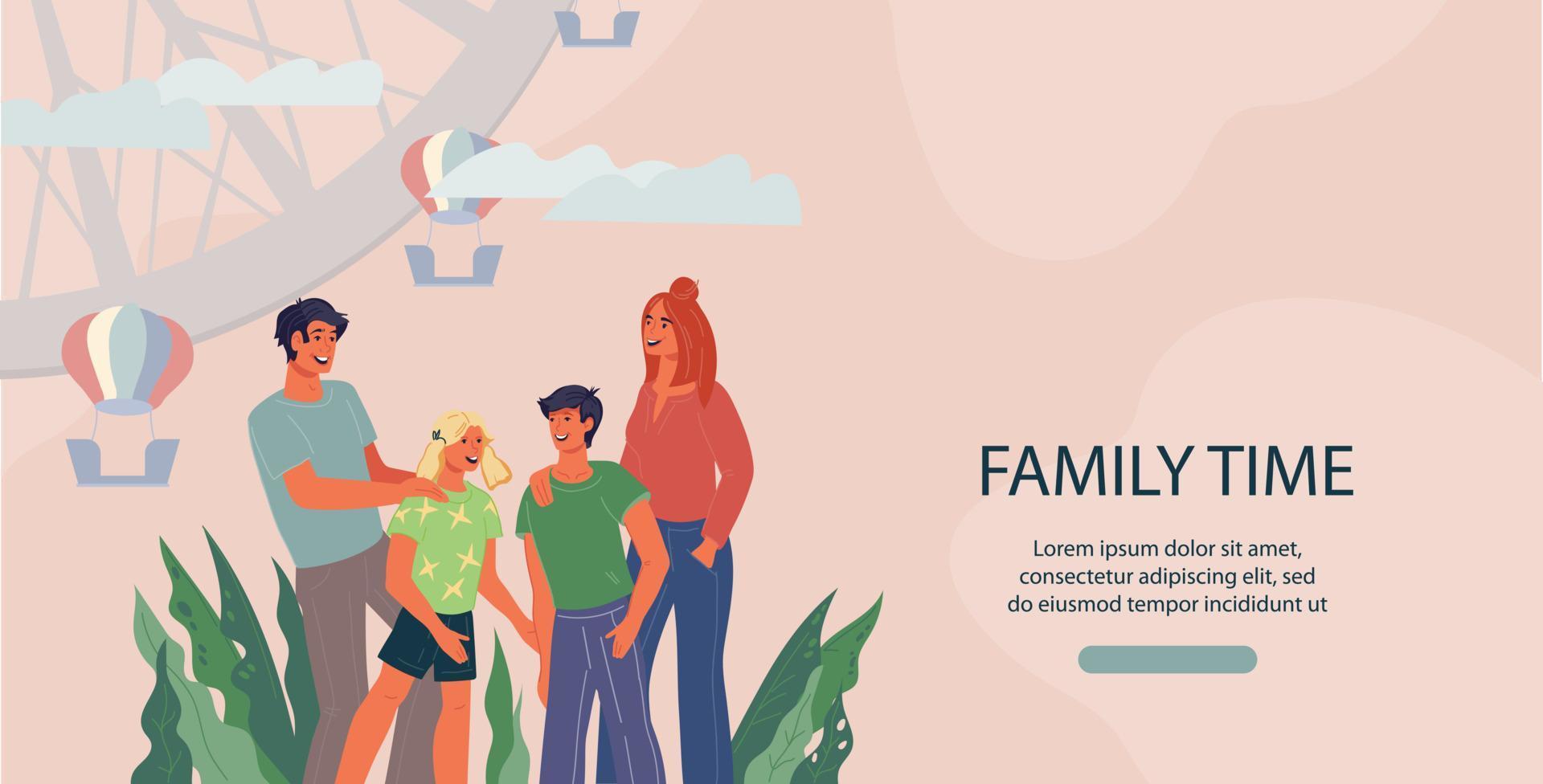 Family time website or landing page mockup with happy parents and children in amusement park. Family joint leisure and time together concept, flat vector illustration.