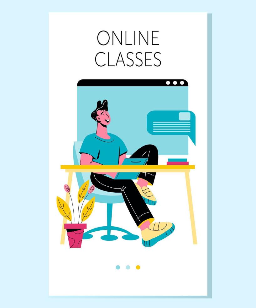 Mobile page for online education application with woman learning at home. Distance education and homeschooling, e-learning and educational trainings concept, flat vector illustration.