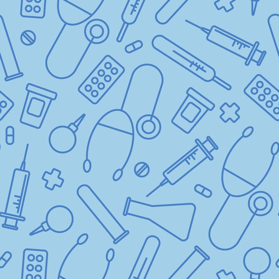 Seamless pattern on a blue background with white medical instruments in lines vector