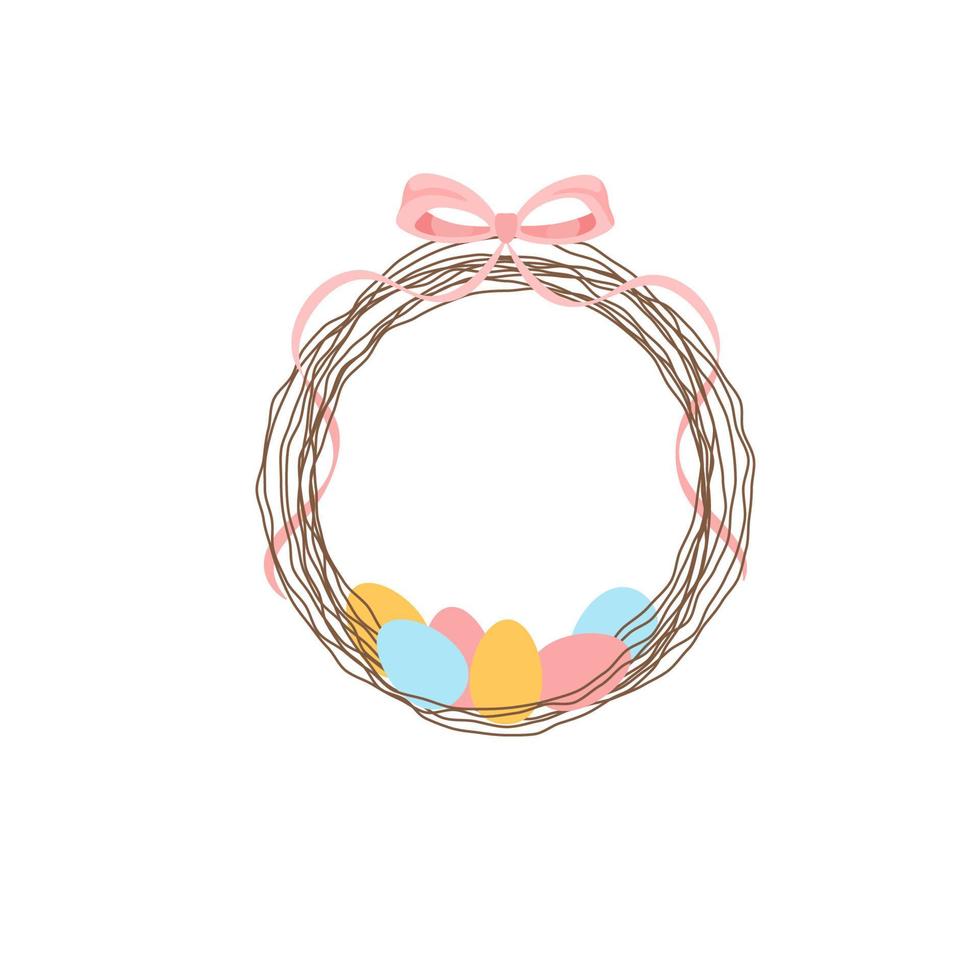 Easter round wreath of vine branches and eggs with a bow on top vector