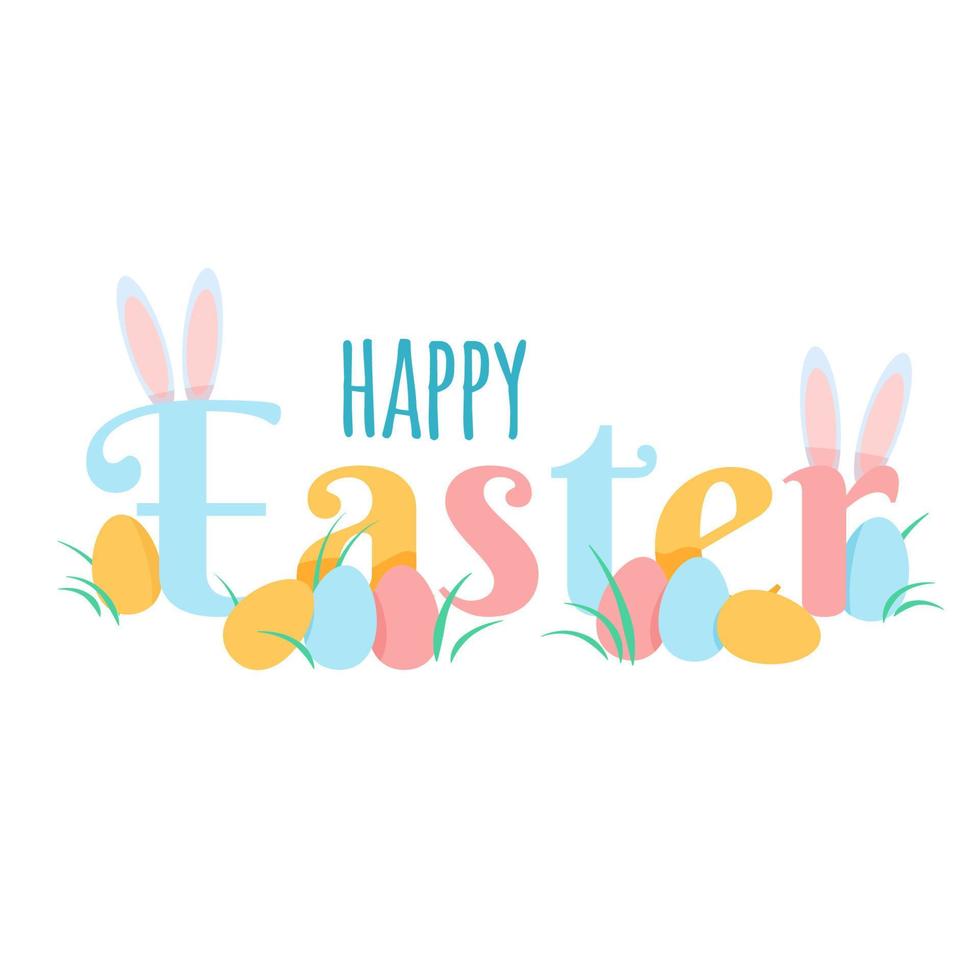 Easter lettering with bunny ears and easter eggs vector