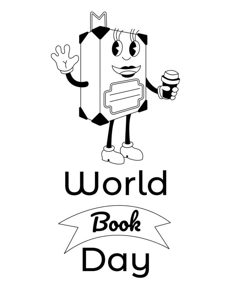 World Book Day poster y2k style with a book girl holding a cup of coffee and waving hand. Cartoon black and white vector illustration.