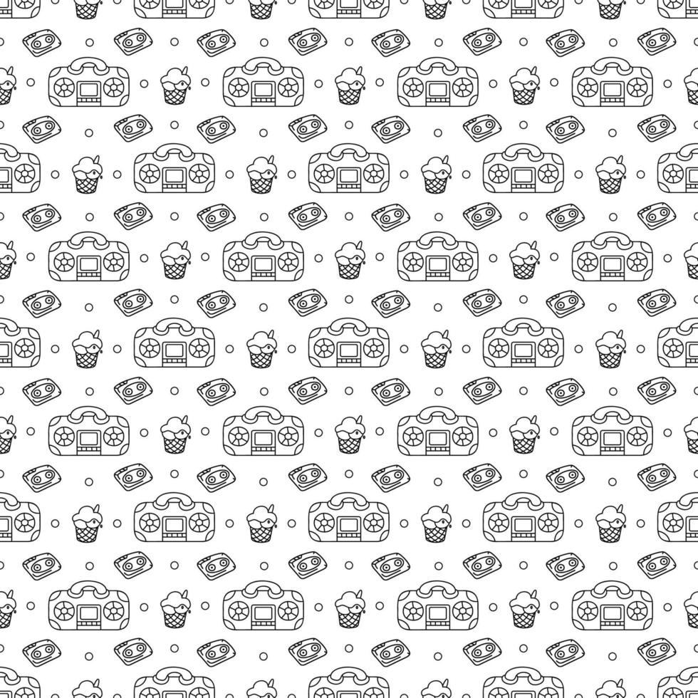 Cute seamless pattern with record player, cassette and ice cream. Black and white cartoon vector illustration.