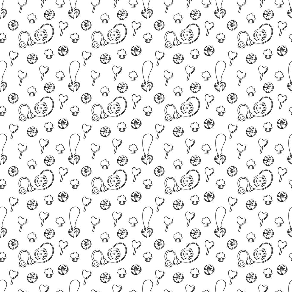 Cute seamless pattern with CD player, CD, cupcake,  lollipop and pendant. Black and white cartoon vector illustration.