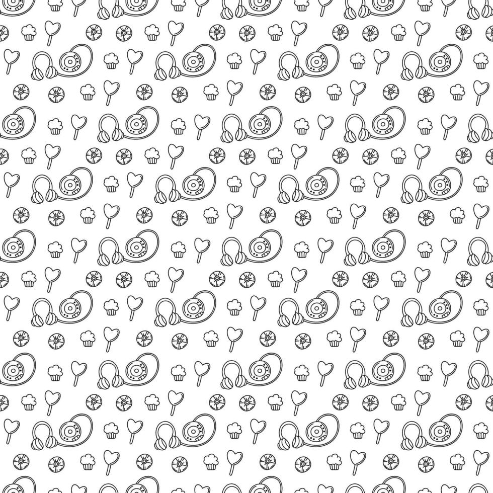 Cute seamless pattern with CD player, CD, cupcake and lollipop. Black and white cartoon vector illustration.