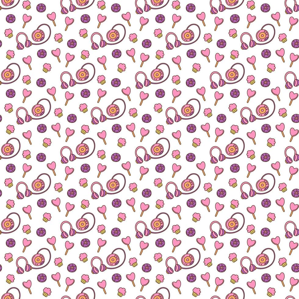 Cute seamless pattern with CD player, CD, cupcake and lollipop. Color cartoon vector illustration.