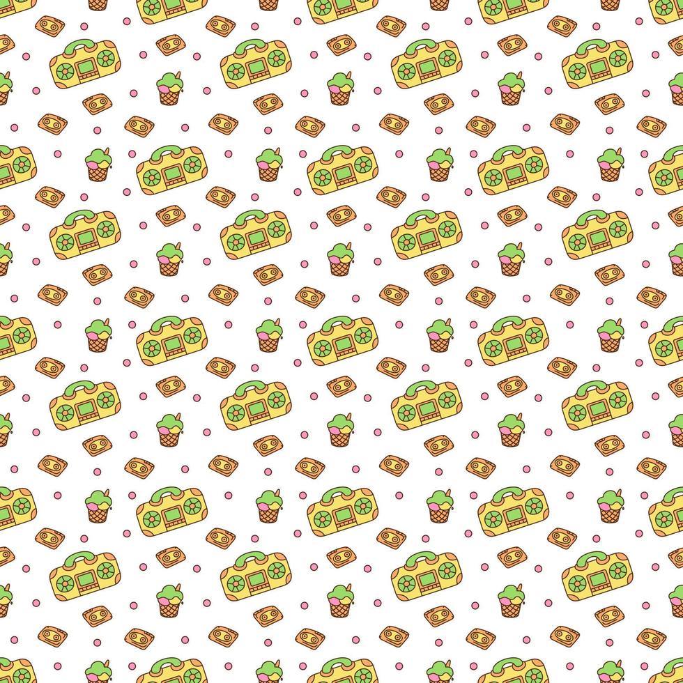 Cute seamless pattern with record player, cassette and ice cream. Color cartoon vector illustration.