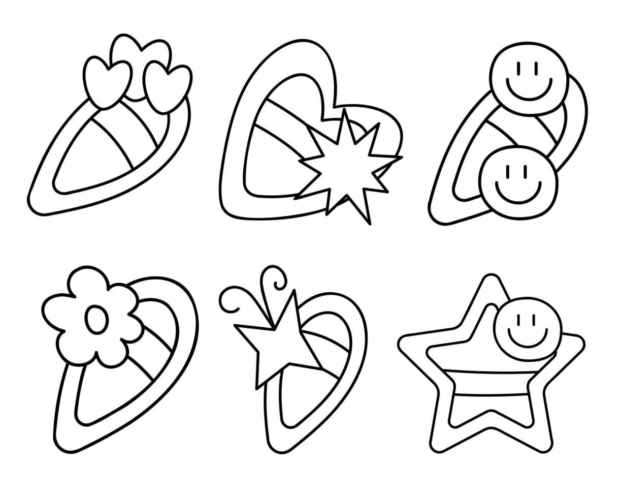 Nice little set with 6 different types of hairpins. Doodle vector black and white illustration.