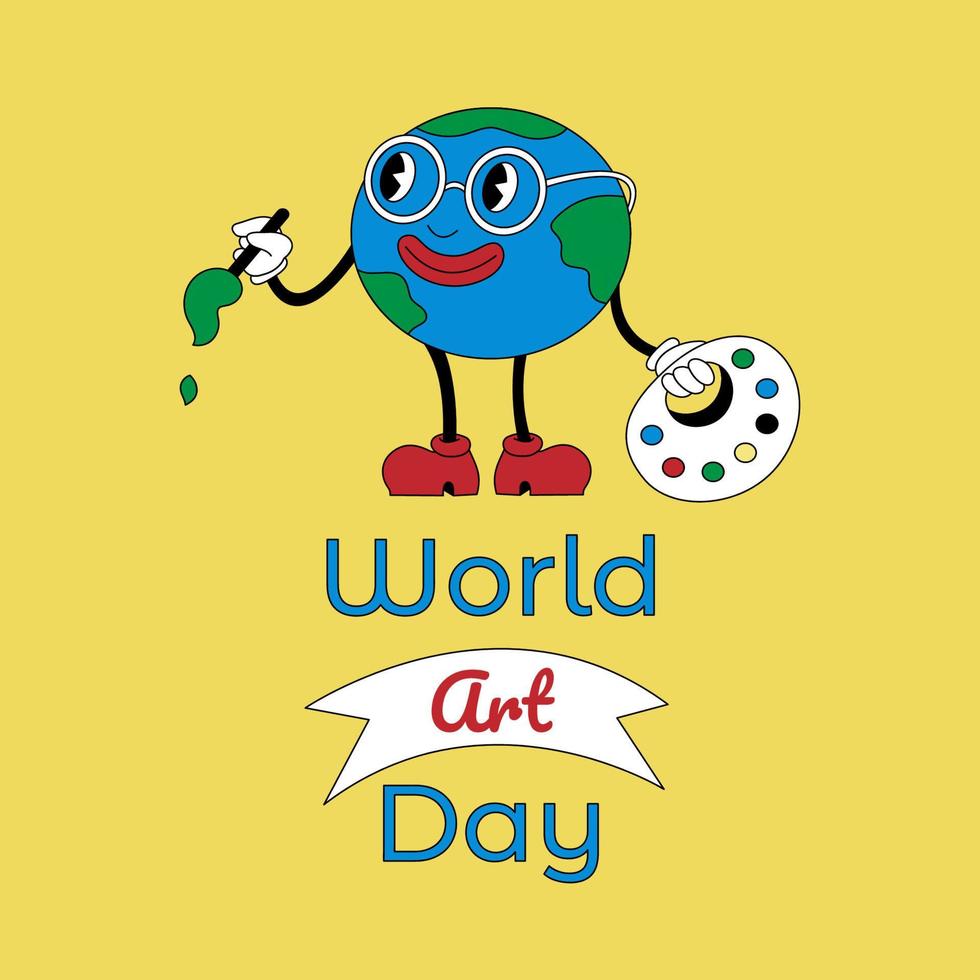 World Art Day poster in y2k style with planet, palette and brush. Cartoon color vector illustration.