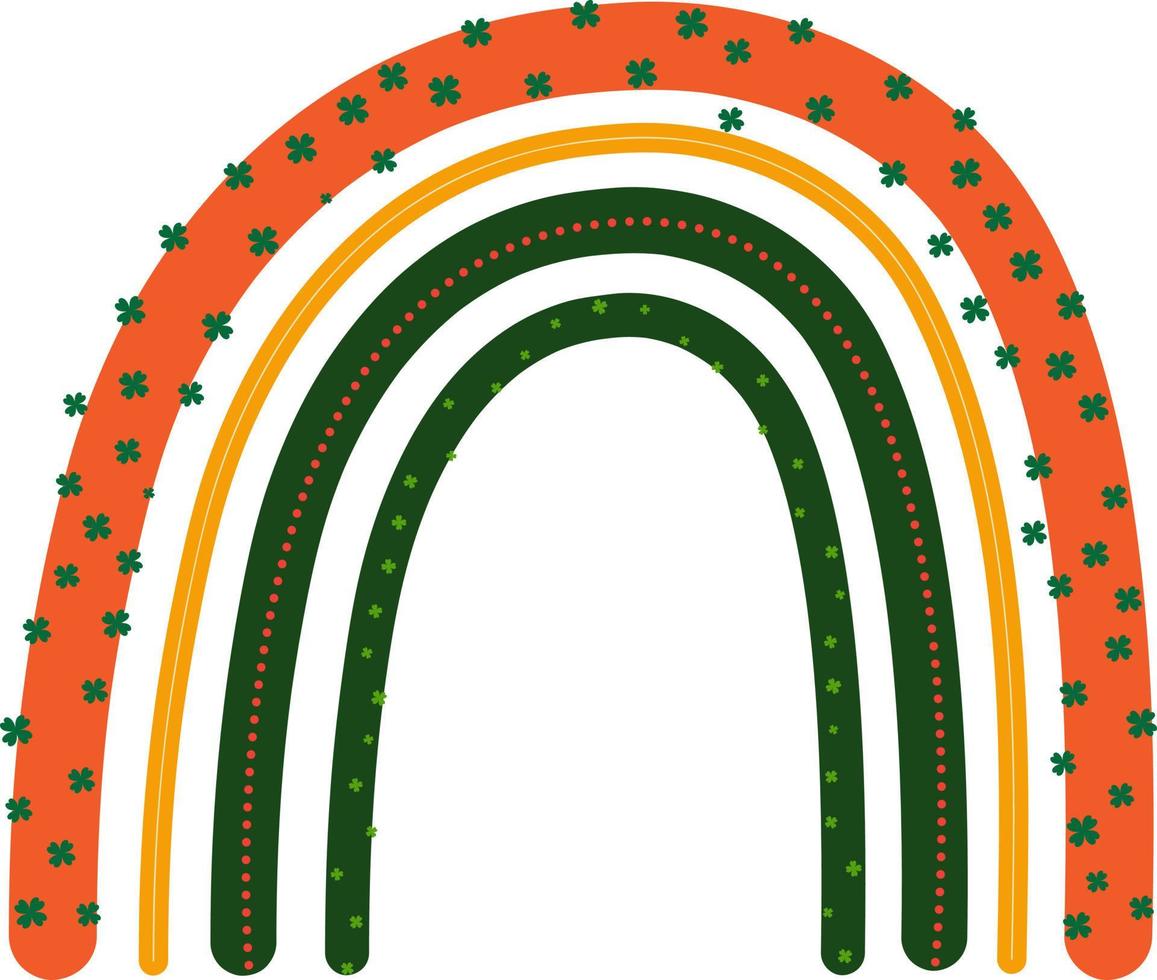 vector boho rainbow in green, orange, and white, complete with clovers. Add a pop of color and good luck to your St. Patrick's Day designs. create digital or print projects.