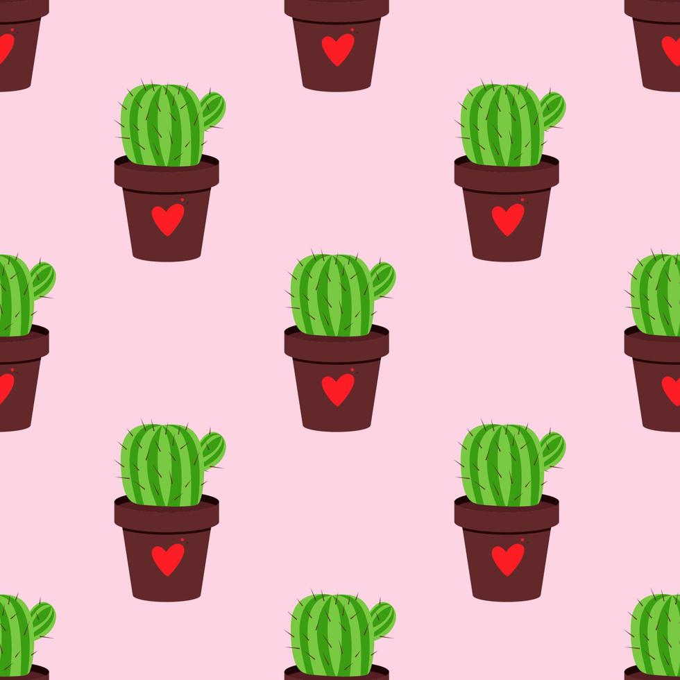 Bright vector seamless cactus in the pot with heart pattern.